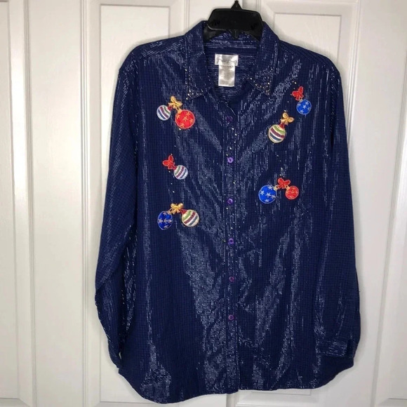 BOBBIE BROOKS Holiday Button Down Blouse - Picture 1 of 8
